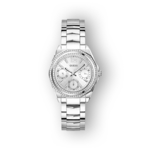 Ezüst színű Guess óra, csillogó kövekkel és három kis számlappal. Elegáns, fényes fém karkötővel készült.