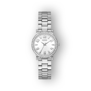 Elegáns ezüst Guess karóra, strasszos kerettel és letisztult számlappal.