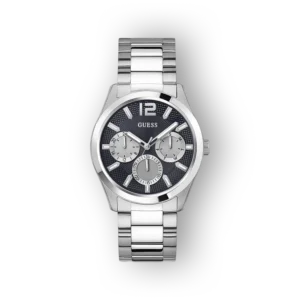 Ezüst színű Guess karóra, fekete számlapos, három mutatós dizájnnal és fémszíjjal.