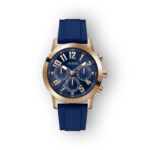 Kék szilikon szíjas Guess férfi karóra, arany óralappal.