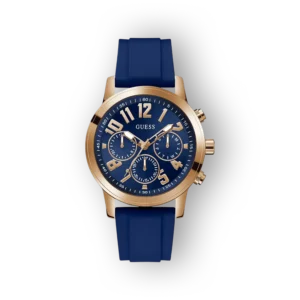 Kék szilikon szíjas Guess férfi karóra, arany óralappal.