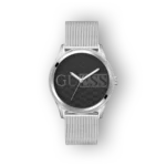 Guess GW0710G1 férfi óra, fekete számlappal és ezüst hálós pánttal. Elegáns dizájn, finom részletekkel.