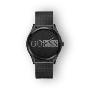 Fekete Guess karóra, elegáns fém szíjjal és kiemelkedő logóval.