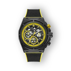 Fekete és sárga Guess karóra, fényes számlappal, részletes kronográf funkciókkal.