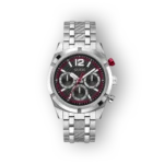 Ezüst színű Guess sportóra fekete számlappal és piros részletekkel.