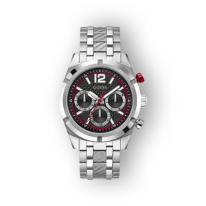 Ezüst színű Guess sportóra fekete számlappal és piros részletekkel.