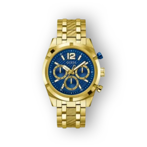 Kék számlapos, arany színű Guess karóra, fémszíjjal és krónográf funkcióval.