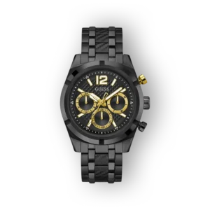 Fekete Guess óra arany részletekkel, krónográf funkcióval és karbon mintás szíjjal.