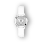 Ezüst színű Guess karóra, fehér bőrszíjjal és díszített számlappal.