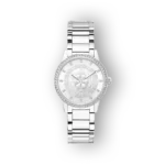 Ezüst színű Guess karóra, díszített számlappal és csillogó kövekkel.