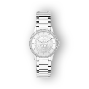 Ezüst színű Guess karóra, díszített számlappal és csillogó kövekkel.