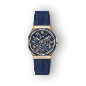 Kék denim szíjjal és arany részletekkel rendelkező Guess GW0753L5 női karóra.