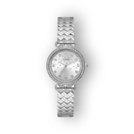 Ez a Guess GW0763L1 ezüst karóra, csillogó kövekkel díszített számlapján.