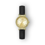 Arany színű Guess karóra fekete bőrszíjjal, ragyogó kövekkel díszítve.