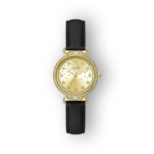 Arany színű Guess karóra fekete bőrszíjjal, ragyogó kövekkel díszítve.