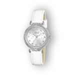 Ezüst színű Guess karóra, fehér bőr szíjjal és díszes, kristályos kerettel.