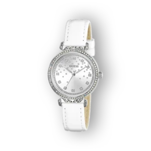 Ezüst színű Guess karóra, fehér bőr szíjjal és díszes, kristályos kerettel.