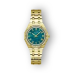 Guess arany karóra zöld számlappal, elölnézetben.