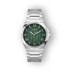 Zöld számlapos Guess óra ezüst szíjjal, római számokkal és modern dizájnnal.