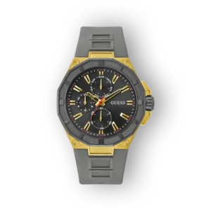 Fekete számlapos, arany és szürke színű Guess karóra, három mutatóval és hétköznapi stílusban.