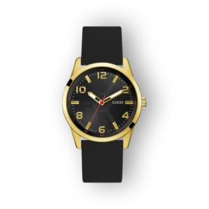 Fekete számlapos, arany színű Guess karóra, fekete szilikon szíjjal és piros mutatókkal.
