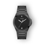 Fekete Guess óra ezüst mutatókkal, letisztult dizájnnal és acél szíjjal.