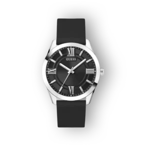 Fekete szíjas, ezüst házas GUESS karóra, római számokkal és modern dizájnnal.