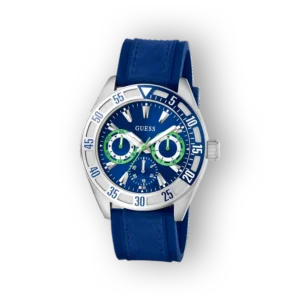 Guess GW0903G1 karóra kék szíjjal és dinamikus, zöld részletekkel.
