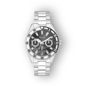 Ez a fekete számlapos Guess GW0904G1 karóra, ezüst szíjjal és krónográf funkcióval rendelkezik.