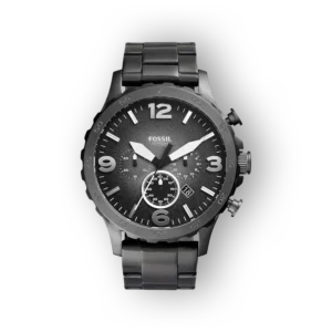 Fossil JR1437 férfi óra, fekete számlappal és fém szíjjal.