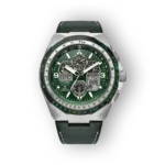 Citizen Eco-Drive JY8147-01X zöld színű órája ezüst tokkal és bőr szíjjal. Multifunkciós digitális kijelzővel rendelkezik.