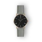 Elegant Paul McNeal watch featuring a black dial, gold-accented Roman numerals, and a grey leather strap.