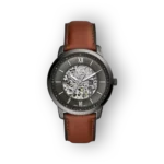 Barna bőrszíjas Fossil óra, nyitott szerkezetű számlappal