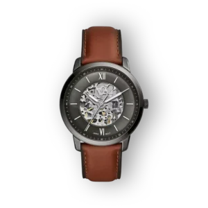 Barna bőrszíjas Fossil óra, nyitott szerkezetű számlappal