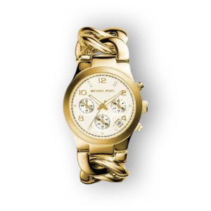 Aranyszínű Michael Kors MK3131 chronográf karóra, fehér számlappal és láncformájú szíjjal.