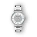 Ezüst színű női karóra strasszköves számlappal.