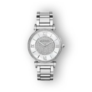 Ezüst színű női karóra strasszköves számlappal.