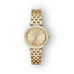 Arany színű Michael Kors Mini Darci karóra, díszített számlappal.