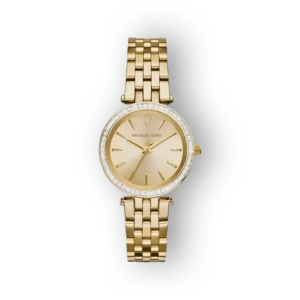 Arany színű Michael Kors Mini Darci karóra, díszített számlappal.