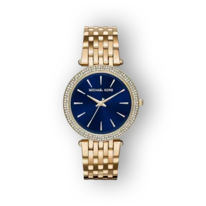 Arany szíjjal és kék számlappal rendelkező Michael Kors Darci MK3406 óra.