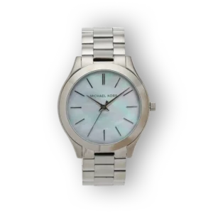 Michael Kors ezüst karóra elölnézetből, gyöngyház számlappal