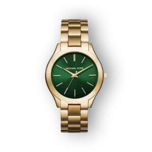 Zöld számlapos Michael Kors Slim Runway MK3435 karóra arany szíjjal.