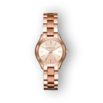 Michael Kors Mini Slim Runway rózsaarany órája elegáns dizájnnal rendelkezik.