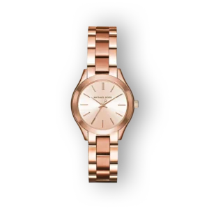 Michael Kors Mini Slim Runway rózsaarany órája elegáns dizájnnal rendelkezik.