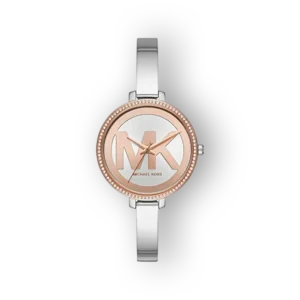 Roségold színű óra, nagy MK logóval, fényes ezüst szíjjal, elegáns dizájn.