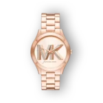 Rose gold Michael Kors watch featuring a prominent MK logo adorned with crystals on a sleek bracelet, set against a black background.