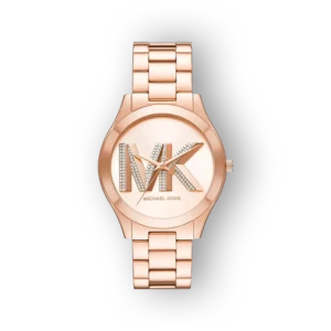 Rose gold Michael Kors watch featuring a prominent MK logo adorned with crystals on a sleek bracelet, set against a black background.