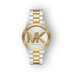 Gold and silver-tone Michael Kors watch featuring a white dial, bold MK logo embellished with crystals, and a two-tone metal bracelet.