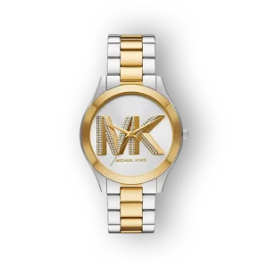 Gold and silver-tone Michael Kors watch featuring a white dial, bold MK logo embellished with crystals, and a two-tone metal bracelet.