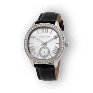 Fekete bőrszíjas Michael Kors Sage MK4821 karóra, ezüst kerettel.